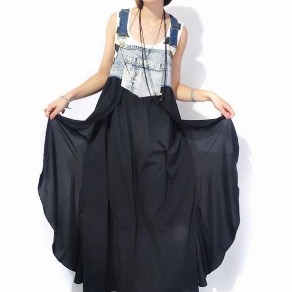 Maxi Dress Denim - Layered Chiffon Bottom Suspender Dress
